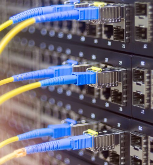 Fiber-optic wires are connected to the Internet switch module. Server hardware datacenter. The concept of high-speed data transfer and modern Internet technologies. Selective focus